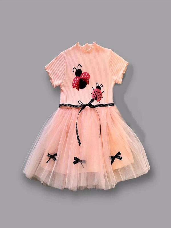 1-2-3 Yaş Uğur Böceği Nakışlı Kurdela Kuşak Kız Çocuk Elbisesi Somon - Image 1