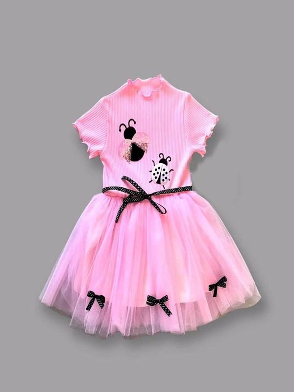 1-2-3 Yaş Uğur Böceği Nakışlı Kurdela Kuşak Kız Çocuk Elbisesi Pembe - Image 1