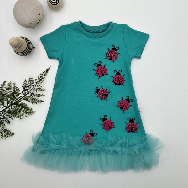 1-2-3 Yaş Uğur Böceği Nakışlı Fırfır Uçlu Kız Çocuk Jile Elbisesi Turkuaz - Image 1