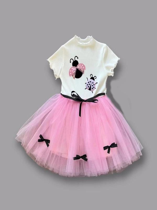 1-2-3 Yaş Uğur Böceği Nakışlı Kurdela Kuşak Kız Çocuk Elbisesi Pembe-ekru - Image 1