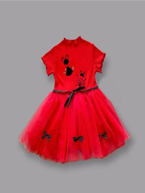 1-2-3 Yaş Uğur Böceği Nakışlı Kurdela Kuşak Kız Çocuk Elbisesi Kırmızı - Image 1