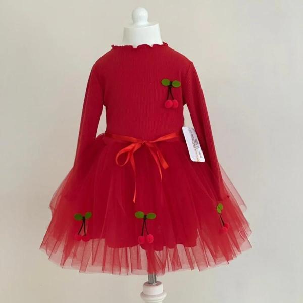 5-6-7 Yaş Kiraz Desenli Kurdela Kuşaklı Astarlı Uzun Kollu Kız Çocuk Tütü Elbise Kırmızı - Image 1