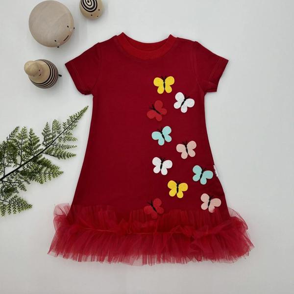 1-2-3 Yaş Renkli Kelebekler Nakışlı Eteği Fırfırlı Jile Çocuk Elbisesi Kırmızı - Image 1