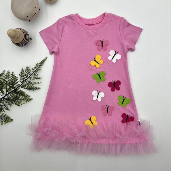 1-2-3 Yaş Renkli Kelebekler Nakışlı Eteği Fırfırlı Jile Çocuk Elbisesi Pembe - Image 1