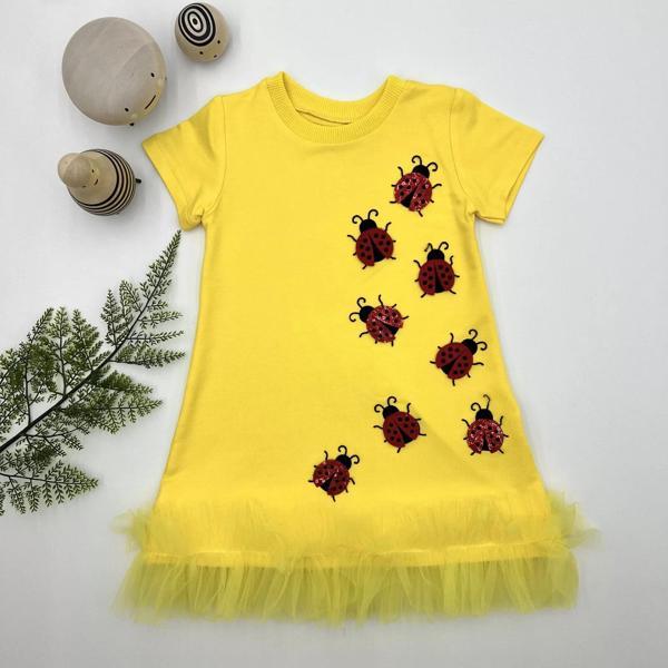 1-2-3 Yaş Uğur Böceği Nakışlı Fırfır Uçlu Kız Çocuk Jile Elbisesi Sarı - Image 1