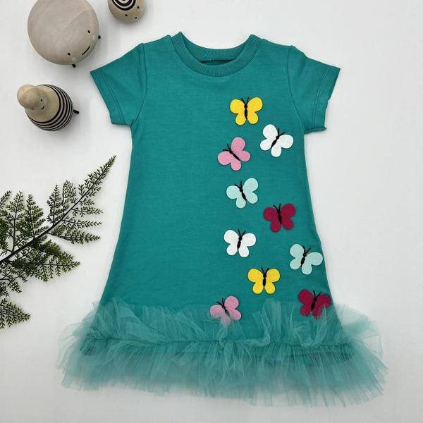 1-2-3 Yaş Renkli Kelebekler Nakışlı Eteği Fırfırlı Jile Çocuk Elbisesi Turkuaz - Image 1