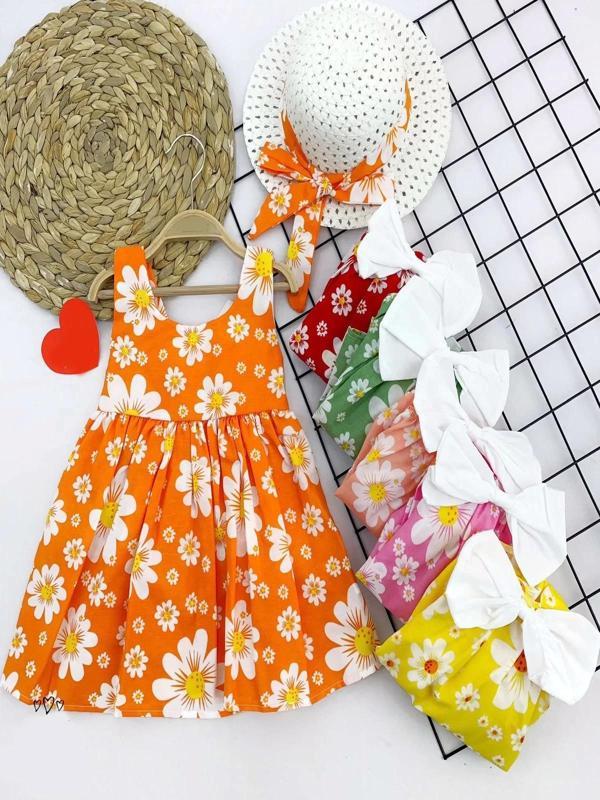 9-12-18-24 Ay Hasır Şapkalı Papatya Desenli Askılı 2li Kız Bebek Elbisesi Sarı - Image 1