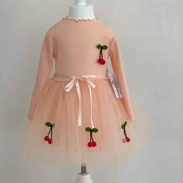 5-6-7 Yaş Kiraz Desenli Kurdela Kuşaklı Astarlı Uzun Kollu Kız Çocuk Tütü Elbise Somon - Image 1