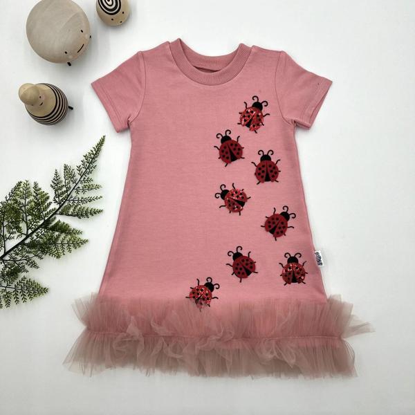 1-2-3 Yaş Uğur Böceği Nakışlı Fırfır Uçlu Kız Çocuk Jile Elbisesi Pudra - Image 1