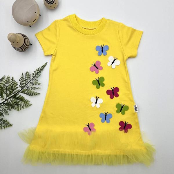 1-2-3 Yaş Renkli Kelebekler Nakışlı Eteği Fırfırlı Jile Çocuk Elbisesi Sarı - Image 1