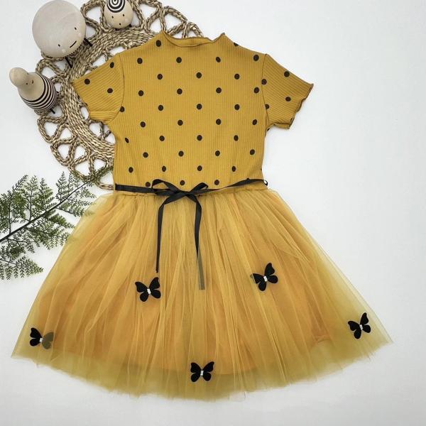 5-6-7 Yaş Puantiyeli Kelebek Etekli Astarlı Kız Çocuk Elbisesi Hardal - Image 1
