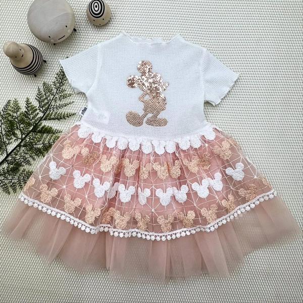 1-2-3 Yaş Payetli Mickey Baskılı Brode Etekli Kız Bebek Elbisesi Pudra - Image 1