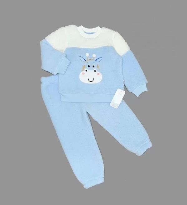1-2-3 Yaş Ponponlu Zürafa Desenli Kuzu Kumaş Uzun Kollu 2li Kız Erkek Çocuk Takımı Mavi - Image 1