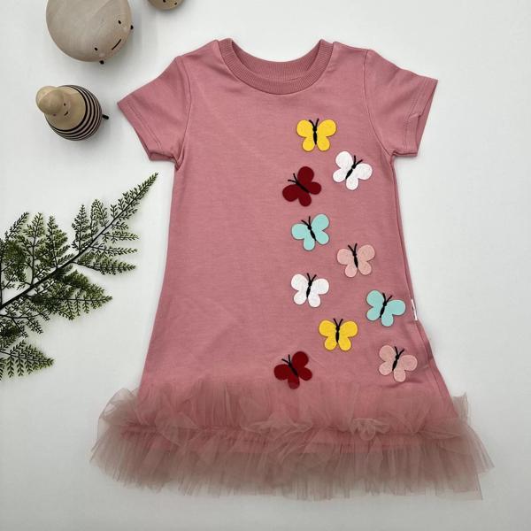 1-2-3 Yaş Renkli Kelebekler Nakışlı Eteği Fırfırlı Jile Çocuk Elbisesi Gül Kurusu - Image 1