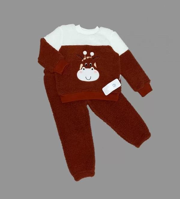 1-2-3 Yaş Ponponlu Zürafa Desenli Kuzu Kumaş Uzun Kollu 2li Kız Erkek Çocuk Takımı Kahverengi - Image 1