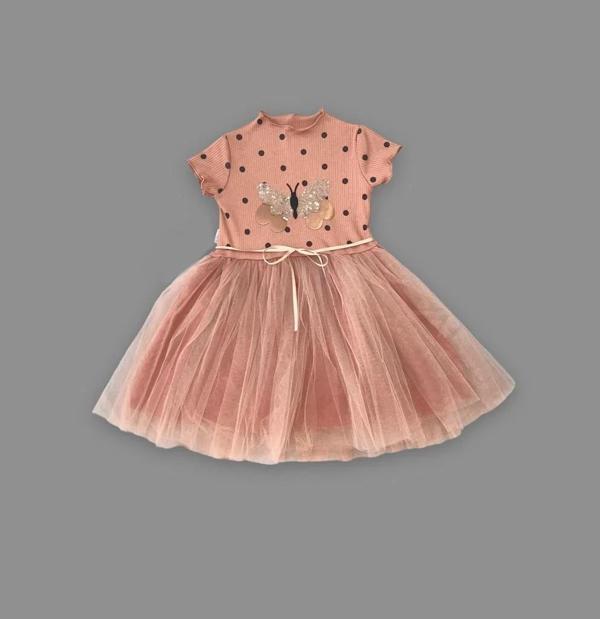 5-6-7 Yaş Payetli Kelebek Desenli Puantiyeli Kız Çocuk Elbisesi Kahverengi - Image 1