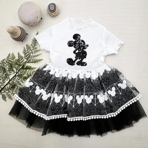 1-2-3 Yaş Payetli Mickey Baskılı Brode Etekli Kız Bebek Elbisesi Siyah - Image 1