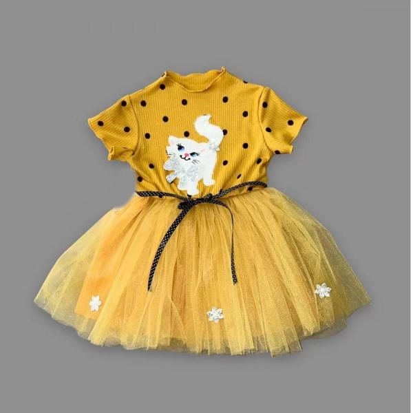 1-2-3 Yaş Payetli Kedicik Baskılı Puantiyeli Kız Bebek Elbisesi Hardal - Image 1