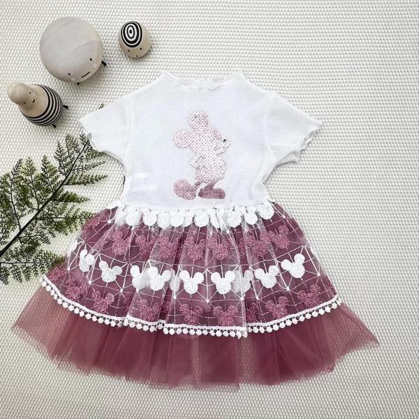 1-2-3 Yaş Payetli Mickey Baskılı Brode Etekli Kız Bebek Elbisesi Rose - Image 1