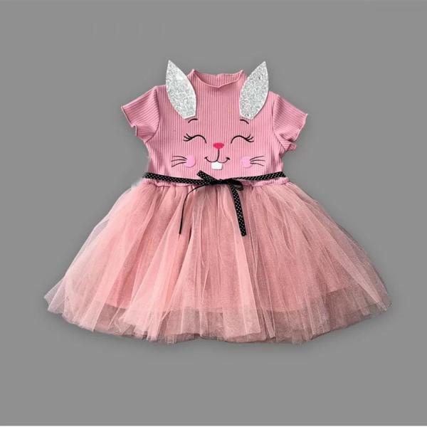1-2-3 Yaş Payetli Kulak Tavşan Baskılı Kız Bebek Elbisesi Gül Kurusu - Image 1