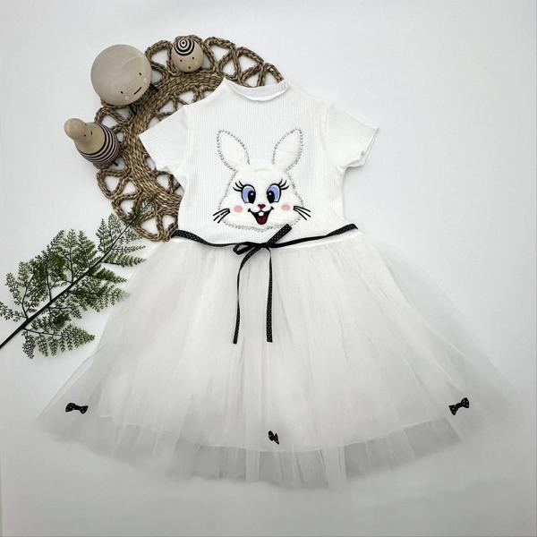 5-6-7 Yaş Payetli Tavşan Baskılı Kız Çocuk Elbisesi Beyaz - Image 1