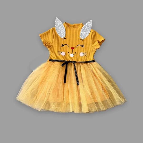 1-2-3 Yaş Payetli Kulak Tavşan Baskılı Kız Bebek Elbisesi Hardal - Image 1