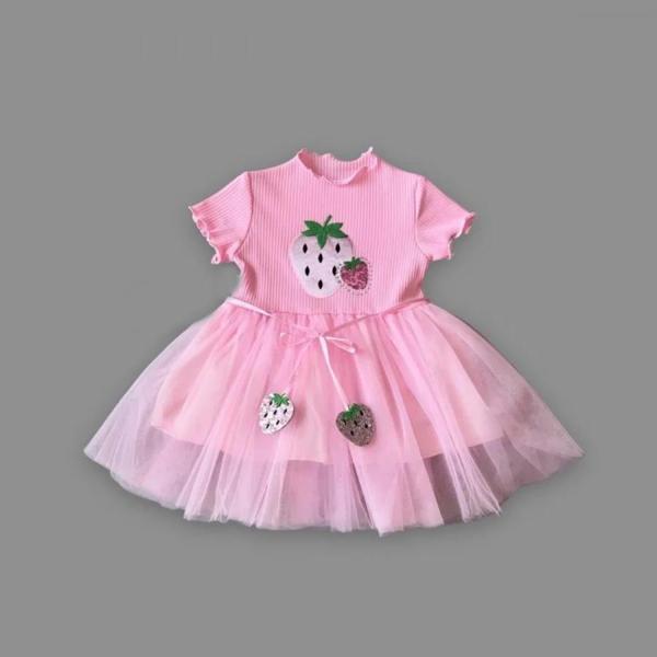 1-2-3 Yaş Payetli Çilek Baskılı Çilek Kuşaklı Kız Bebek Elbisesi Pembe - Image 1