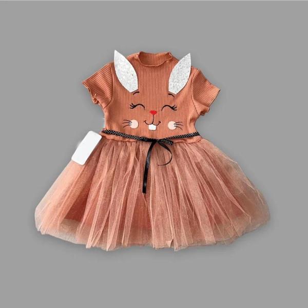 1-2-3 Yaş Payetli Kulak Tavşan Baskılı Kız Bebek Elbisesi Kahverengi - Image 1