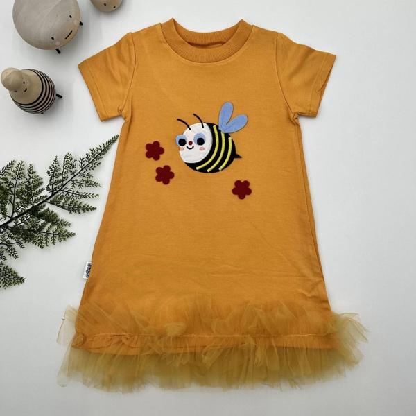 1-2-3 Yaş Arıcık Nakışlı Eteği Fırfırlı Jile Kız Çocuk Elbisesi Turuncu - Image 1
