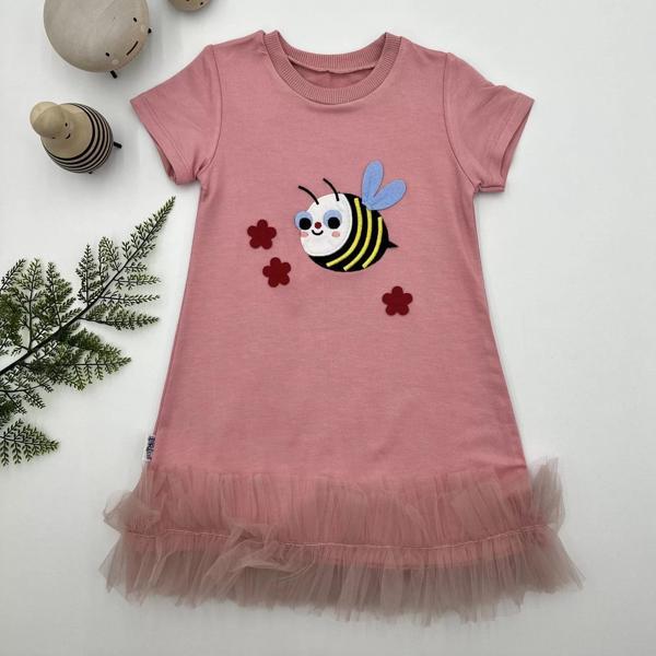 1-2-3 Yaş Arıcık Nakışlı Eteği Fırfırlı Jile Kız Çocuk Elbisesi Gül Kurusu - Image 1