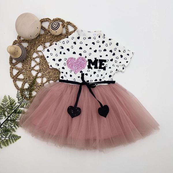 1-2-3 Yaş Payetli Kalp Me Baskılı Kız Bebek Elbisesi Gül Kurusu - Image 1