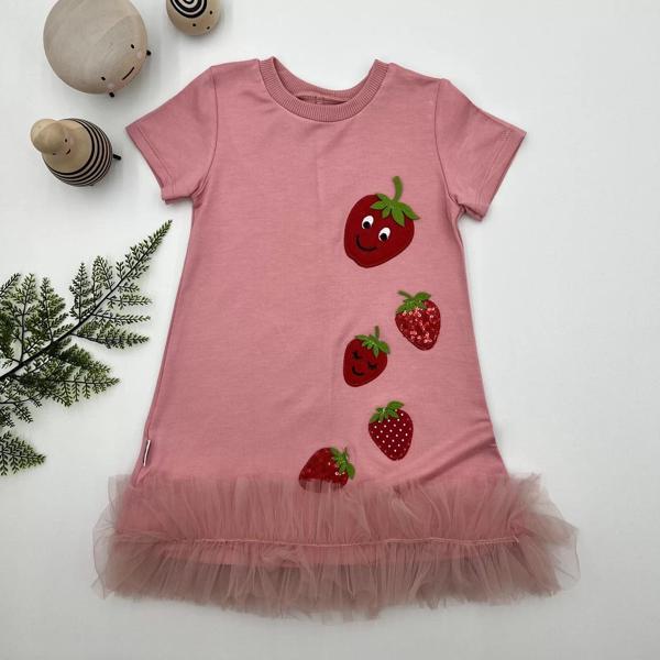 1-2-3 Yaş Payetli Çilekler Nakışlı Eteği Fırfırlı Jile Kız Çocuk Elbisesi Gül Kurusu - Image 1