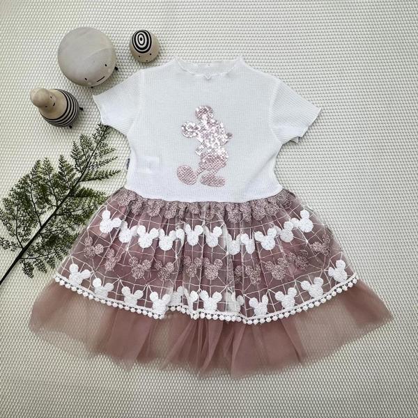 1-2-3 Yaş Payetli Mickey Baskılı Brode Etekli Kız Bebek Elbisesi Gül Kurusu - Image 1