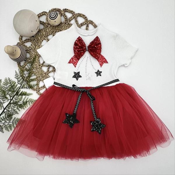 1-2-3 Yaş Payetli Yıldız Nakışlı Astarlı Etek Kız Bebek Tütü Elbisesi Ekru - Image 1