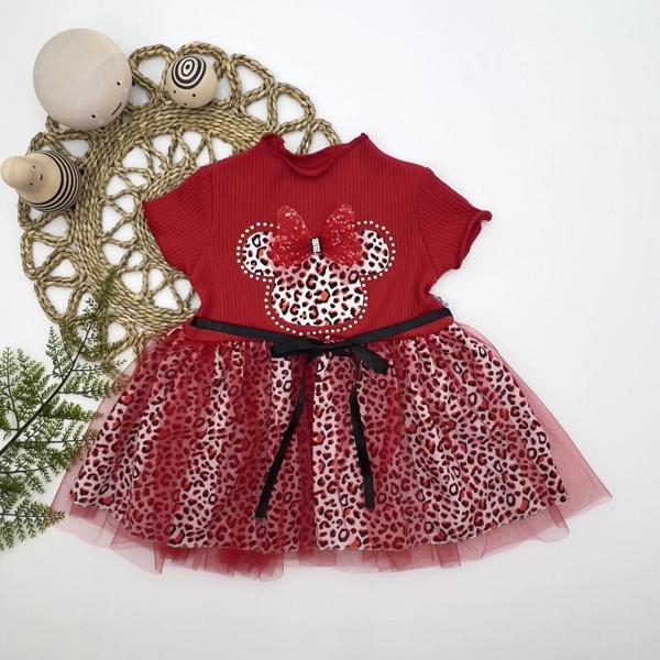 1-2-3 Yaş Fiyonklu Mickey Astarlı Etekli Kız Bebek Tütü Elbisesi Kırmızı - Image 1