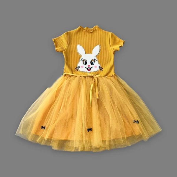 5-6-7 Yaş Payetli Tavşan Baskılı Kız Çocuk Elbisesi Hardal - Image 1