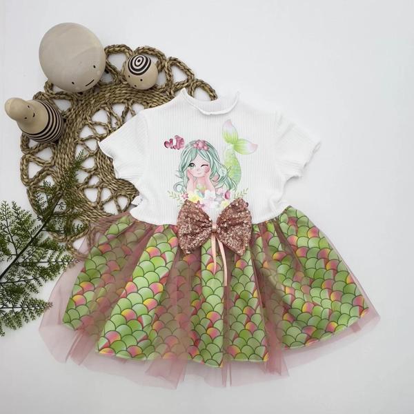 1-2-3 Yaş Denizkızı Baskılı Pul Desen Etekli Kız Bebek Elbisesi Ekru - Image 1