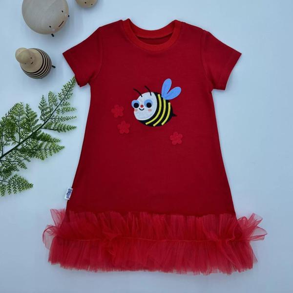 1-2-3 Yaş Arıcık Nakışlı Eteği Fırfırlı Jile Kız Çocuk Elbisesi Kırmızı - Image 1