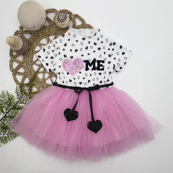 1-2-3 Yaş Payetli Kalp Me Baskılı Kız Bebek Elbisesi Pembe - Image 1