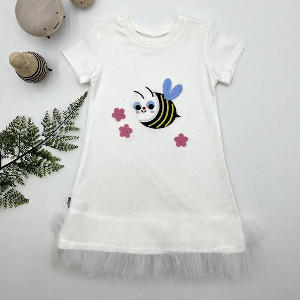 1-2-3 Yaş Arıcık Nakışlı Eteği Fırfırlı Jile Kız Çocuk Elbisesi Beyaz - Image 1