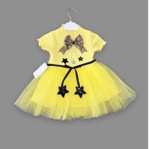 1-2-3 Yaş Payetli Yıldız Nakışlı Astarlı Etek Kız Bebek Tütü Elbisesi Sarı - Image 1