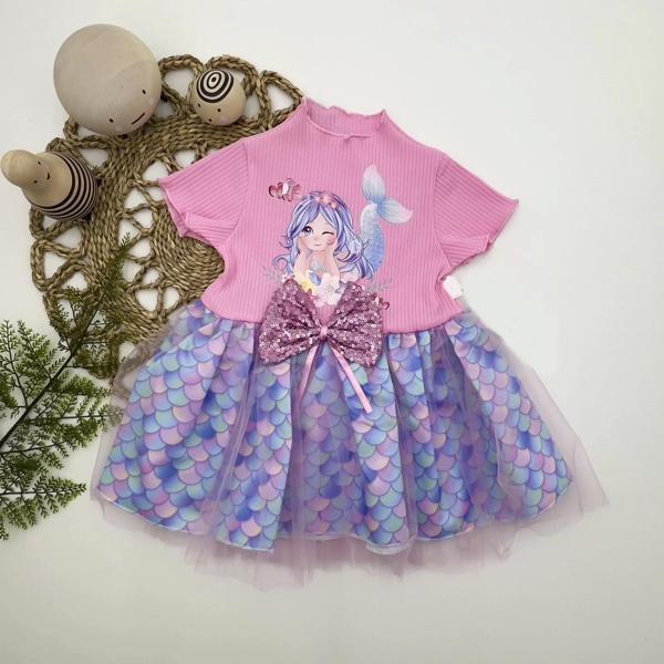 1-2-3 Yaş Denizkızı Baskılı Pul Desen Etekli Kız Bebek Elbisesi Pembe - Image 1