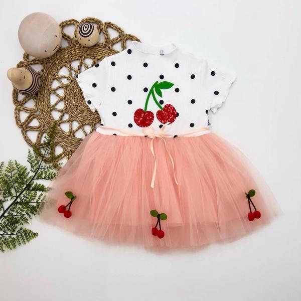 1-2-3 Yaş Payetli Kiraz Nakışlı Kiraz Etekli Kız Bebek Tütü Elbisesi Pudra - Image 1