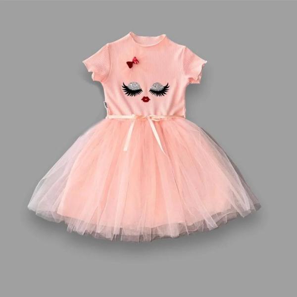 5-6-7 Yaş Payetli Süslü Yüz Baskılı Kız Çocuk Elbisesi Pudra - Image 1