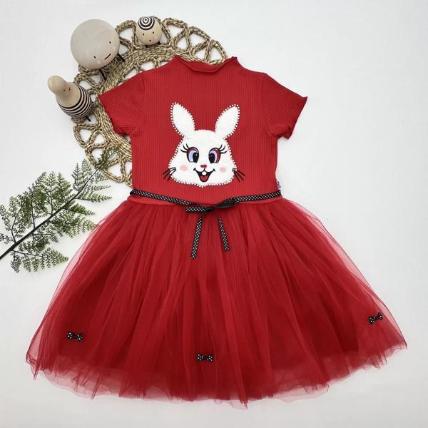 5-6-7 Yaş Payetli Tavşan Baskılı Kız Çocuk Elbisesi Kırmızı - Image 1