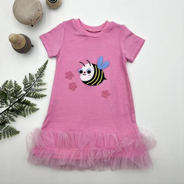 1-2-3 Yaş Arıcık Nakışlı Eteği Fırfırlı Jile Kız Çocuk Elbisesi Pembe - Image 1