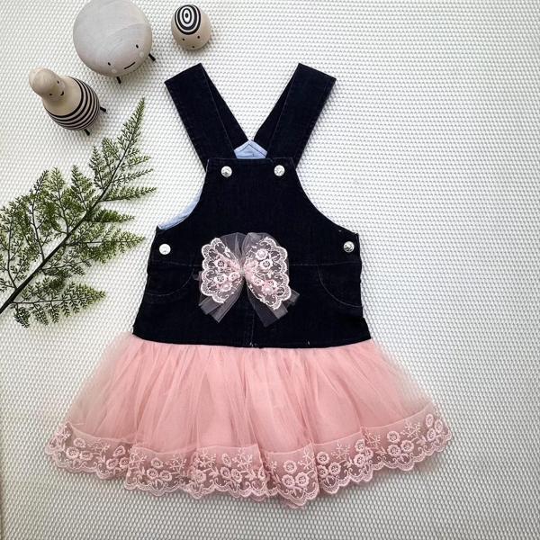 2-3-4 Yaş Fiyonklu Düğme Detaylı Tül Etek Kot Kumaş Salopet Kız Çocuk Elbisesi Siyah-pudra - Image 1