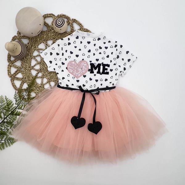 1-2-3 Yaş Payetli Kalp Me Baskılı Kız Bebek Elbisesi Pudra - Image 1