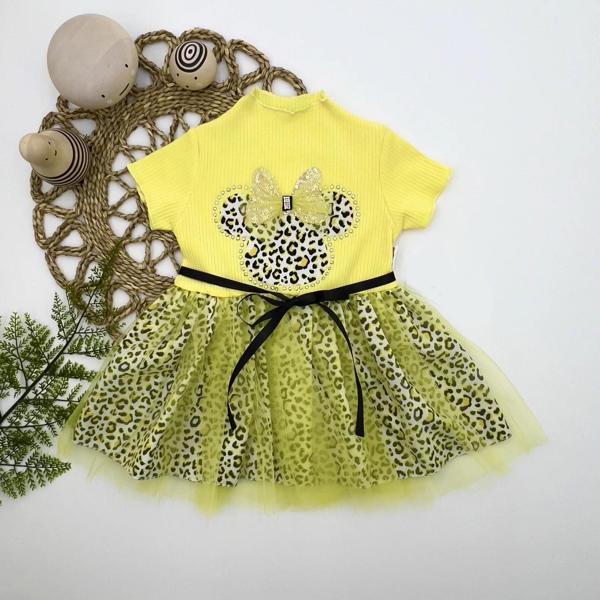 1-2-3 Yaş Fiyonklu Mickey Astarlı Etekli Kız Bebek Tütü Elbisesi Sarı - Image 1