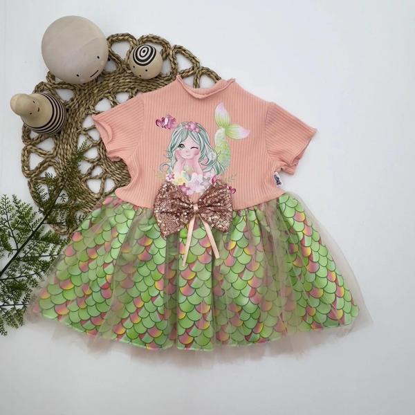 1-2-3 Yaş Denizkızı Baskılı Pul Desen Etekli Kız Bebek Elbisesi Pudra - Image 1